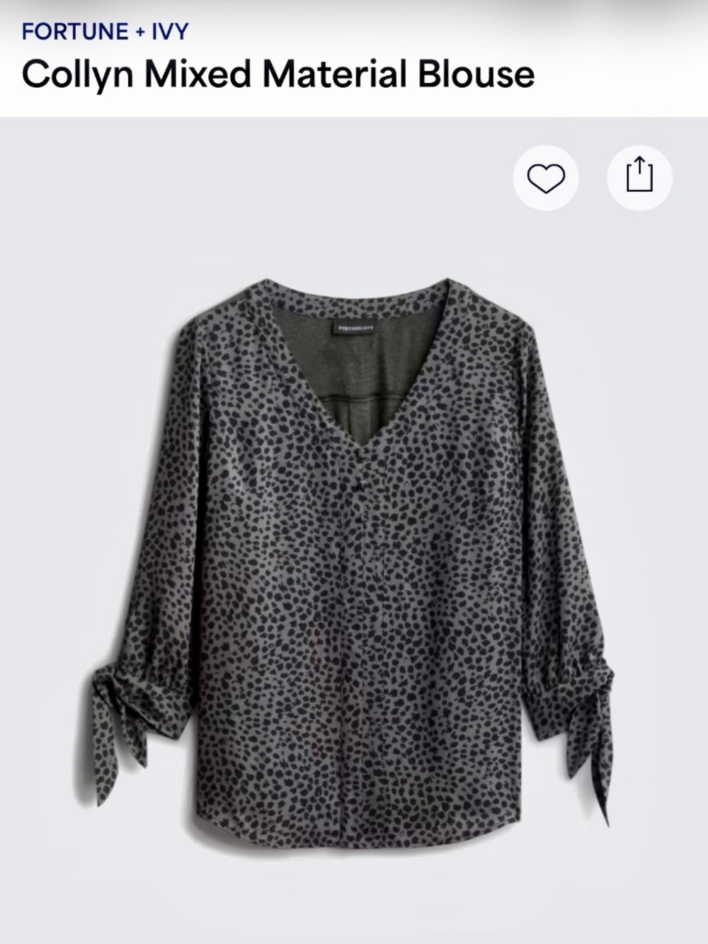 Fortune + Ivy Collyn Mixed Material Blouse in the "Dark Grey" leopard - Medium